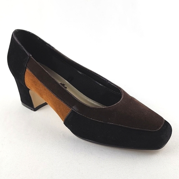 Tender Tootsies Pilar-2 Colourblock Heeled Pump Black Tan Brown Size 6W - Picture 3 of 14